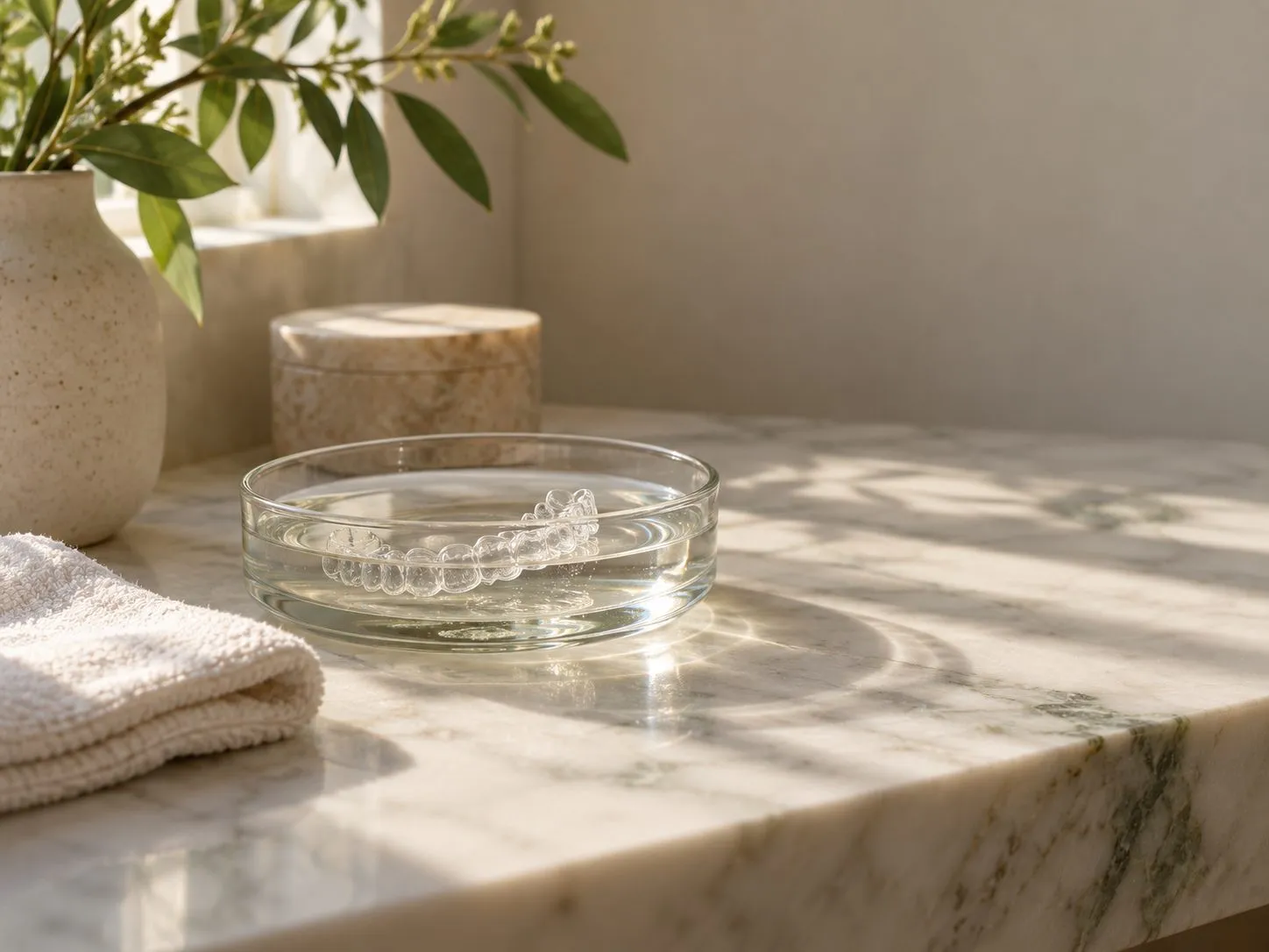 A clear aligner in a small glass dish of water on a marble shelf