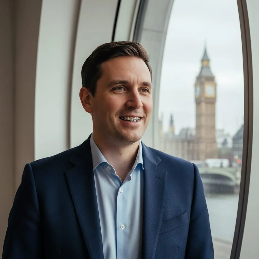 A man in a suit, wearing ceramic braces, smiles by a window overlooking Big Ben and the Thames.