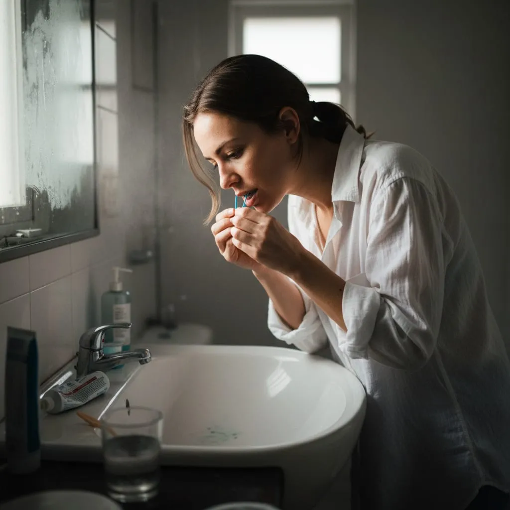 A woman brushes her teeth at a bathroom basin in soft morning light.