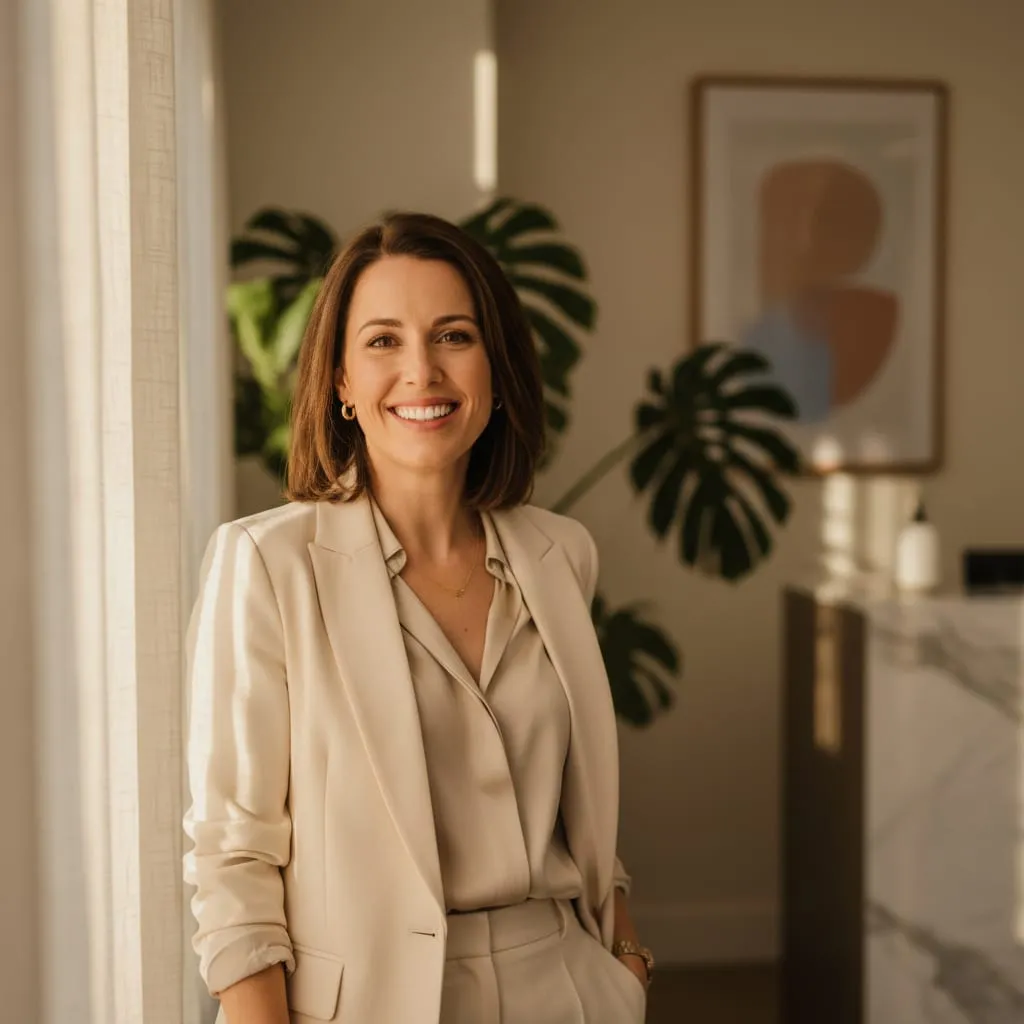 A smiling woman in a cream blazer stands in a bright living room.