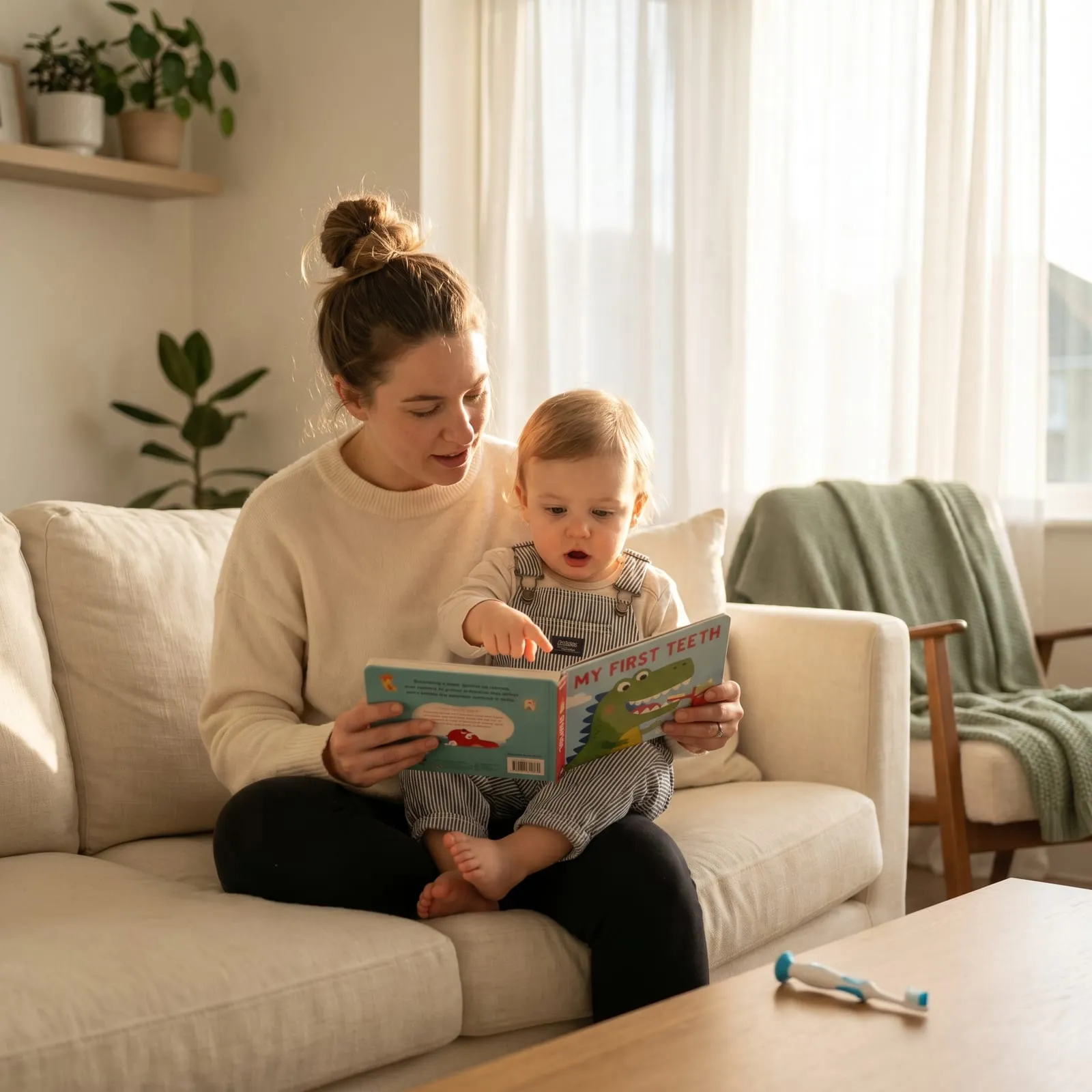 A parent reads a picture book with a toddler on a sofa, a child's toothbrush on the table.