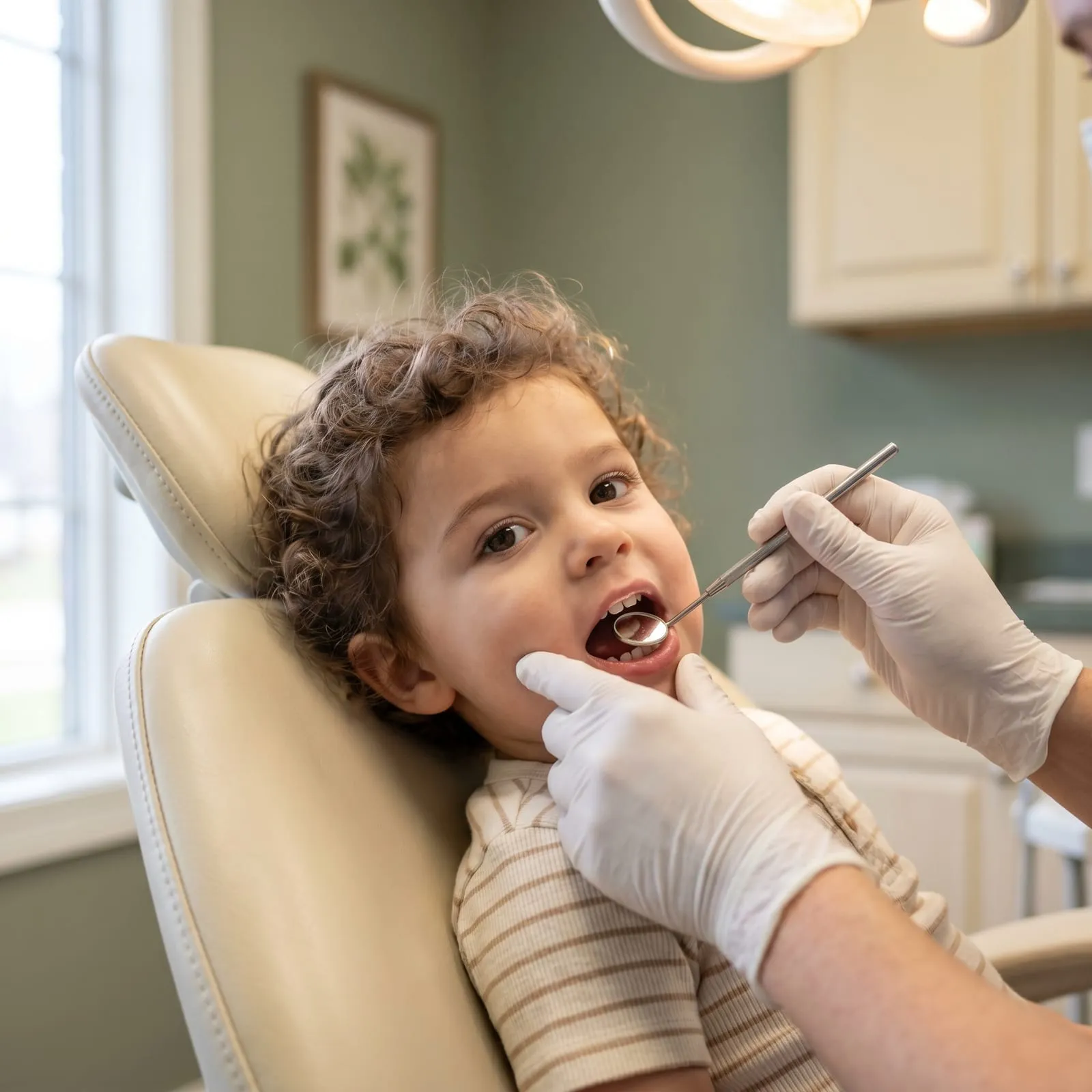 A young child opens wide in a dental chair while a gloved clinician looks with a small mirror.