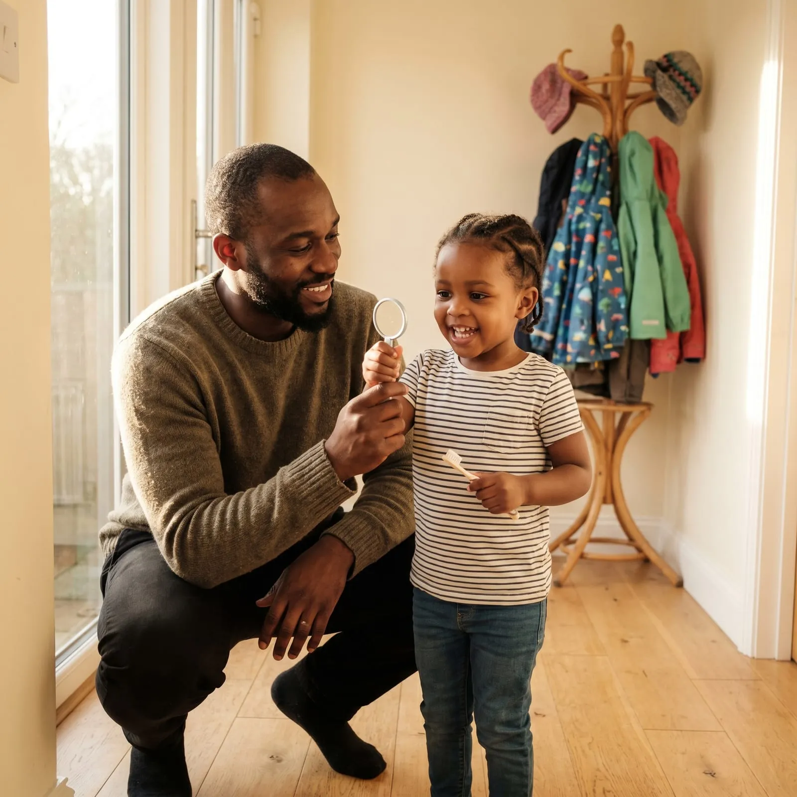A father and daughter play with a toothbrush and a hand mirror in their hallway.
