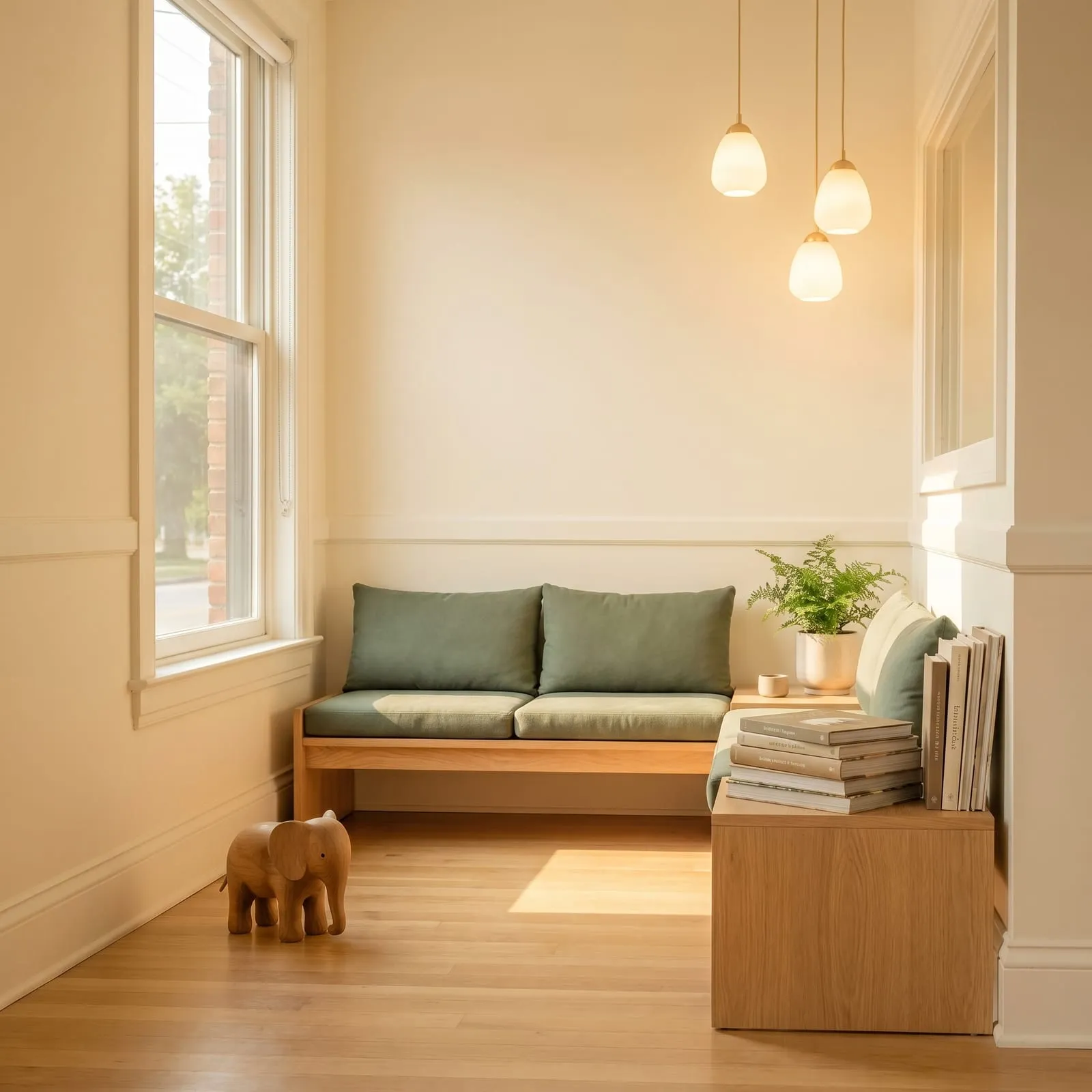 A calm, sunlit waiting room with a green sofa, books and a wooden toy elephant.