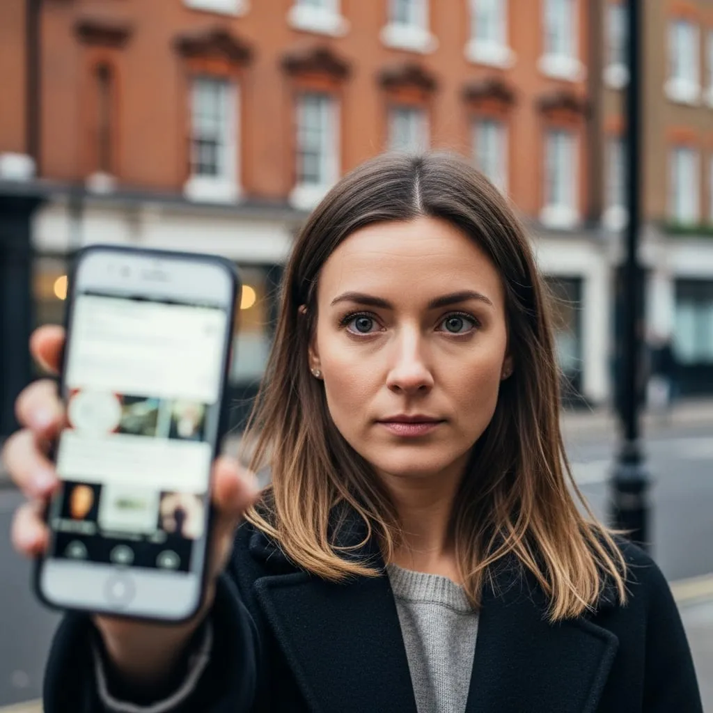 A woman holds up her phone, showing social media posts, on a London street.