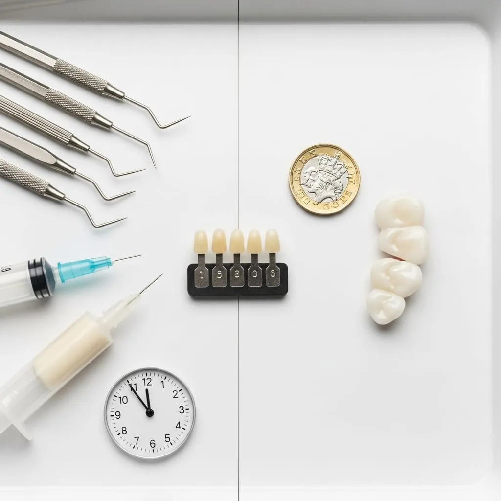 Dental instruments, a shade guide, crowns, a pound coin and a clock laid out on white.