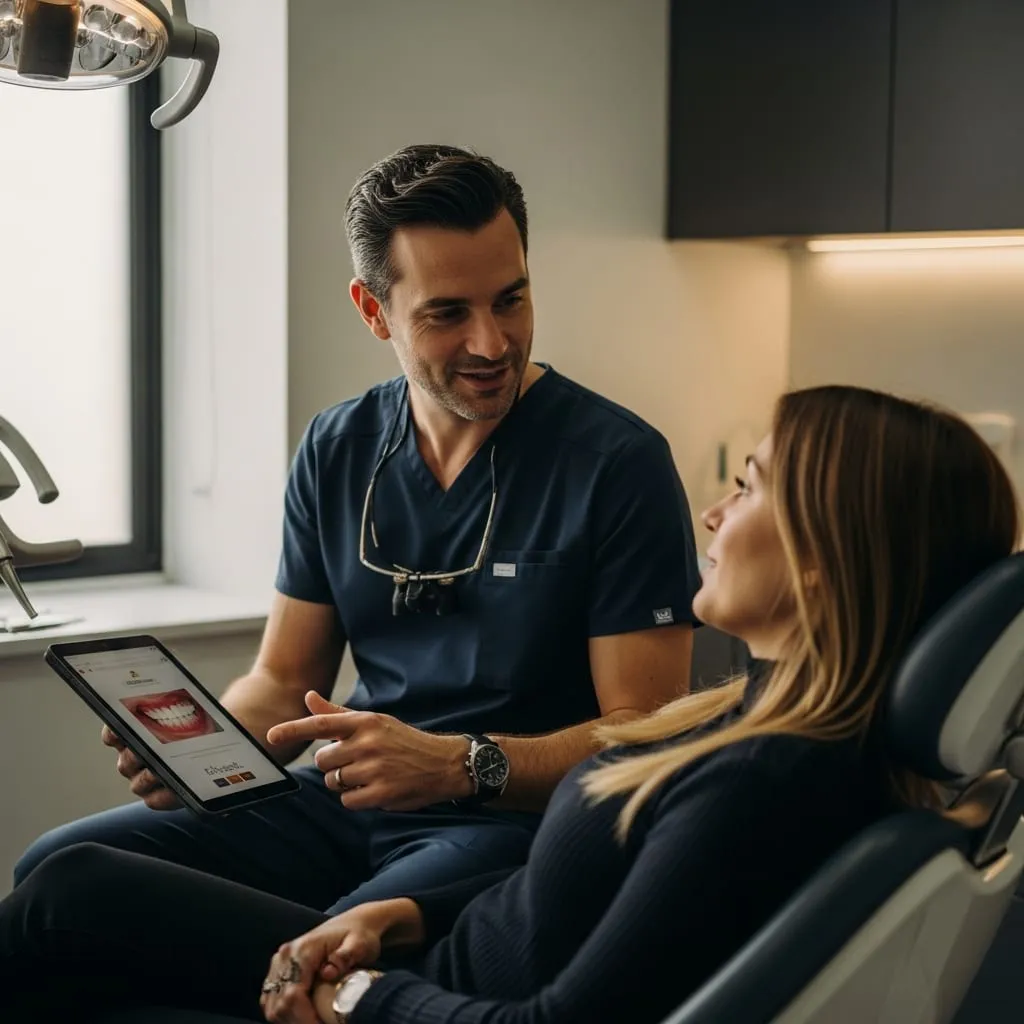 A clinician in scrubs talks a seated patient through a treatment plan on a tablet.