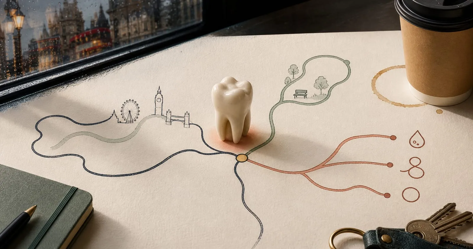 A calm illustration pairs a softly swollen tooth with a branching London route, suggesting dental abscess treatment.