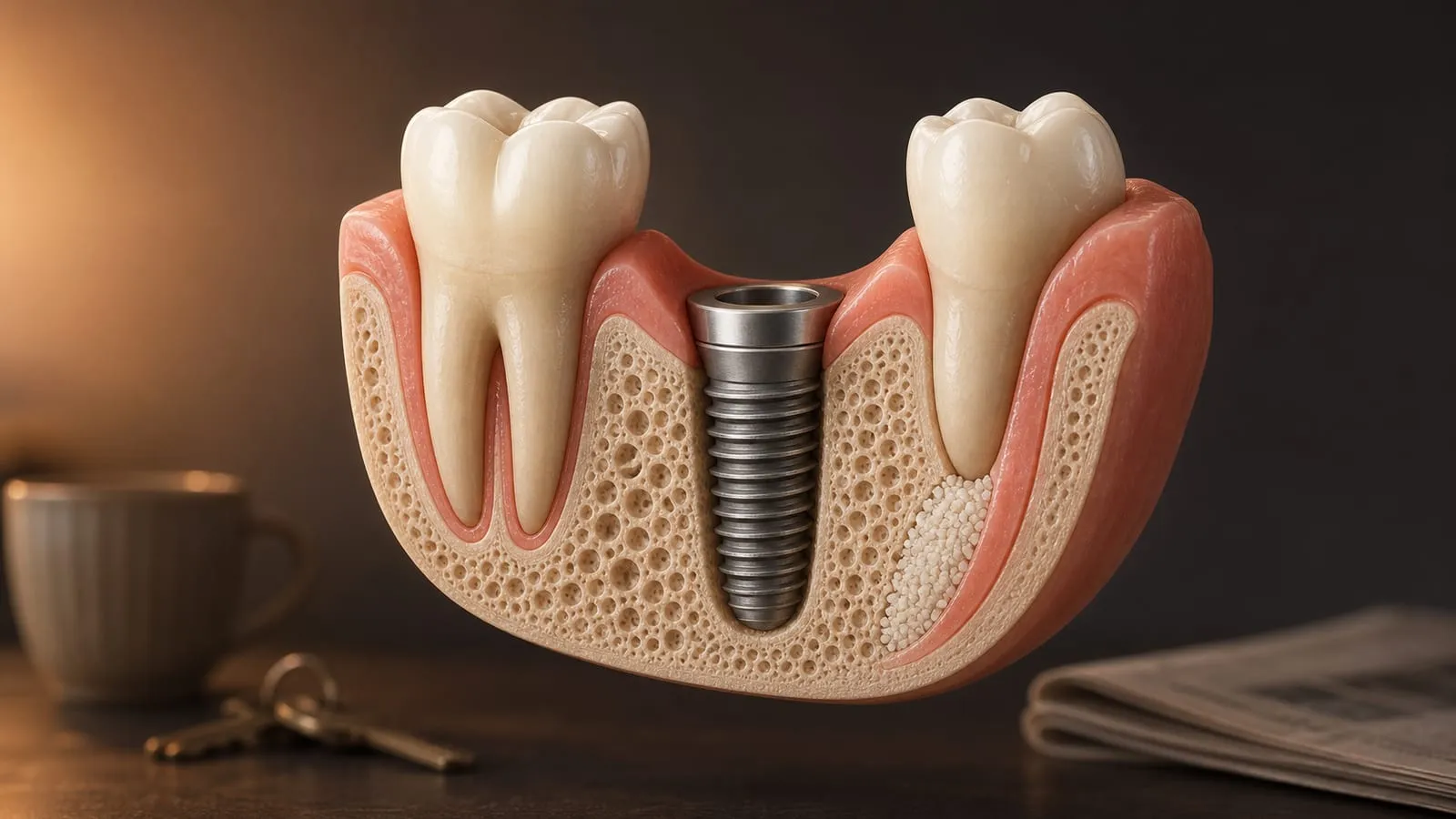 Calm clinical illustration of a dental bone graft supporting a single implant in a jaw cross-section.