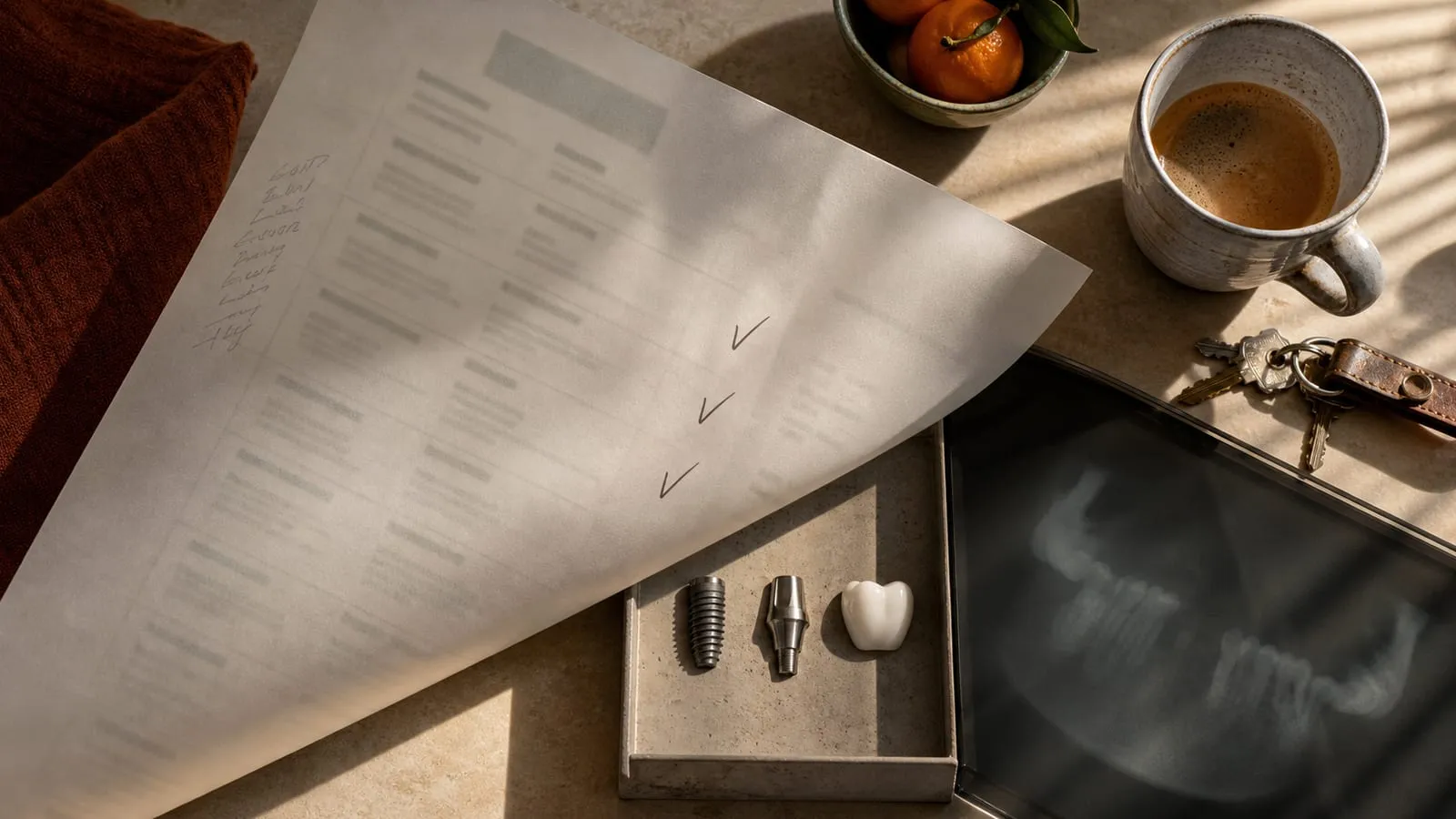 A translucent checklist over an implant model and soft jaw-scan imagery on a sunlit kitchen table brings dental implant cost into focus.