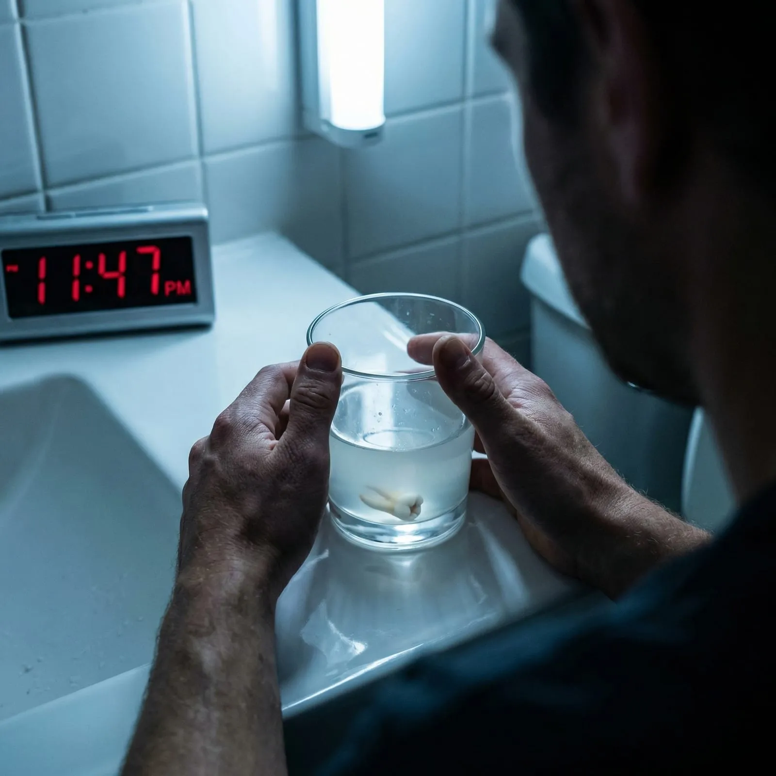 A man holds a glass of water with a knocked-out tooth in it, a clock reading 11:47 behind him.