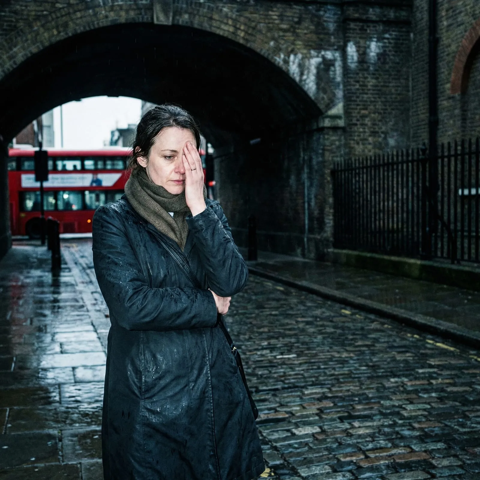 A woman holds her face in pain on a wet London street, a red bus behind her.