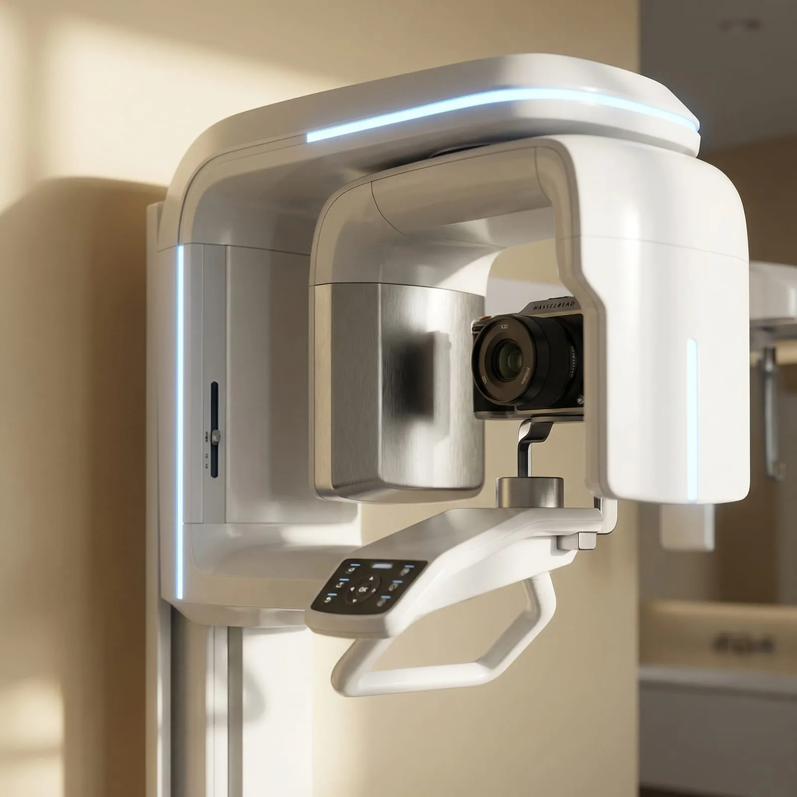 A dental imaging scanner in a bright room.