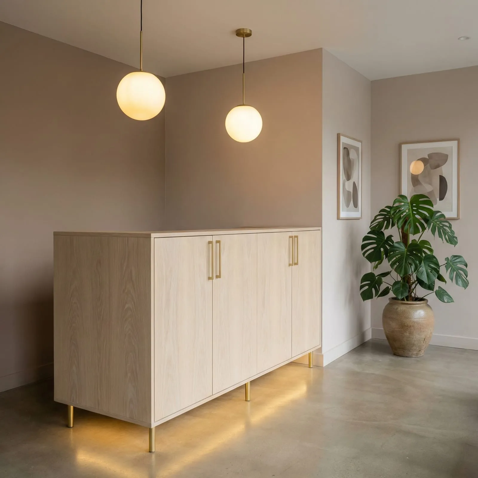 An empty, softly lit reception area with pendant lights and a plant.