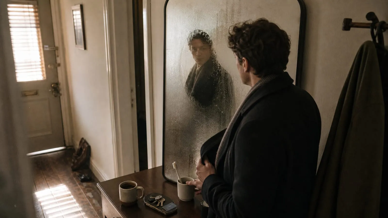 A commuter pauses at a misted hallway mirror before leaving home, a quiet image for Gum Disease: Signs and Treatment.