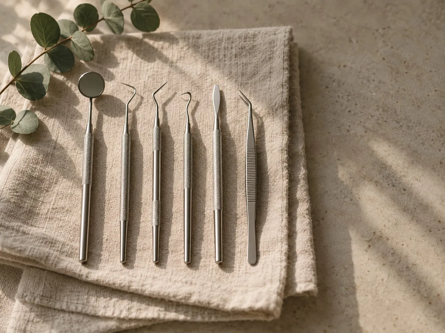 Dental hand instruments laid in a row on oatmeal linen