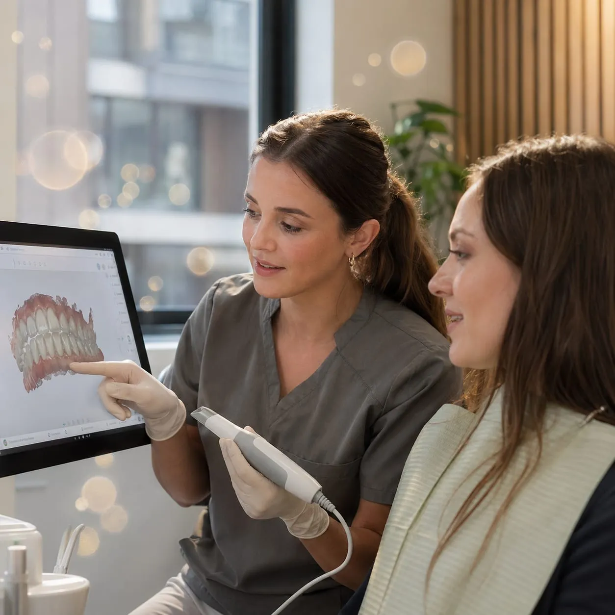 A clinician shows a patient a 3D scan of her teeth on a screen.