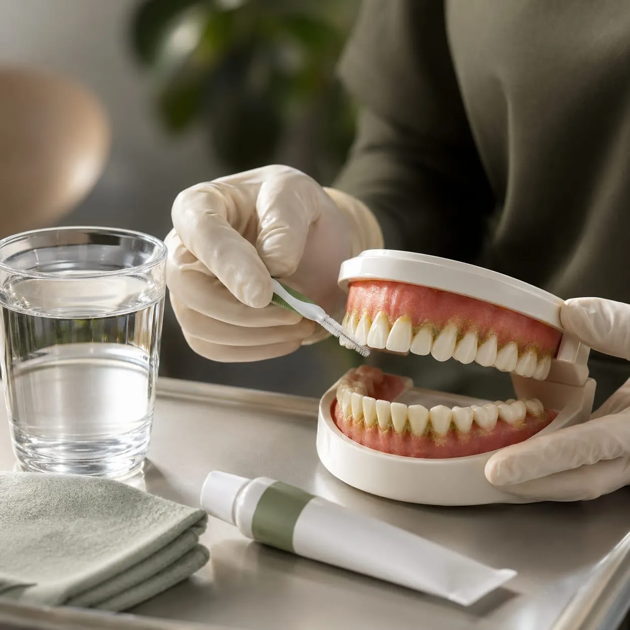 A gloved hand demonstrates brushing on a dental model beside a glass of water.