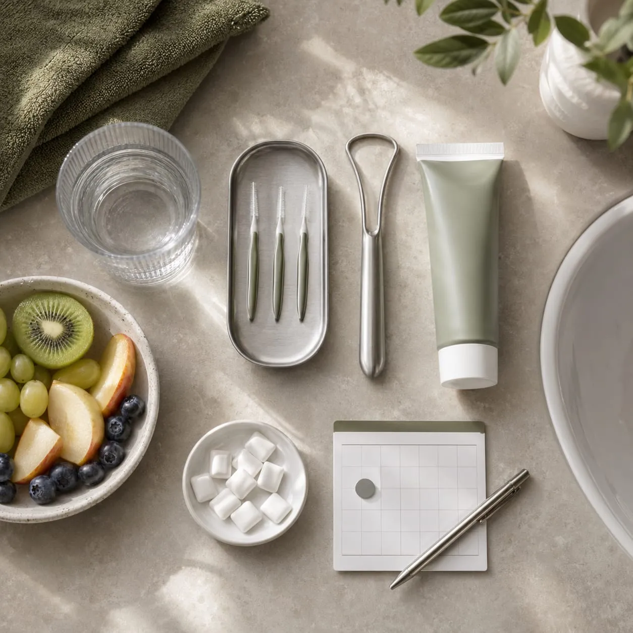 Fruit, water, a tongue scraper, toothpaste and interdental brushes on a stone counter.