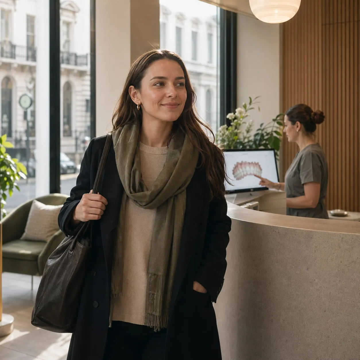 A woman smiles as she leaves a bright reception area.