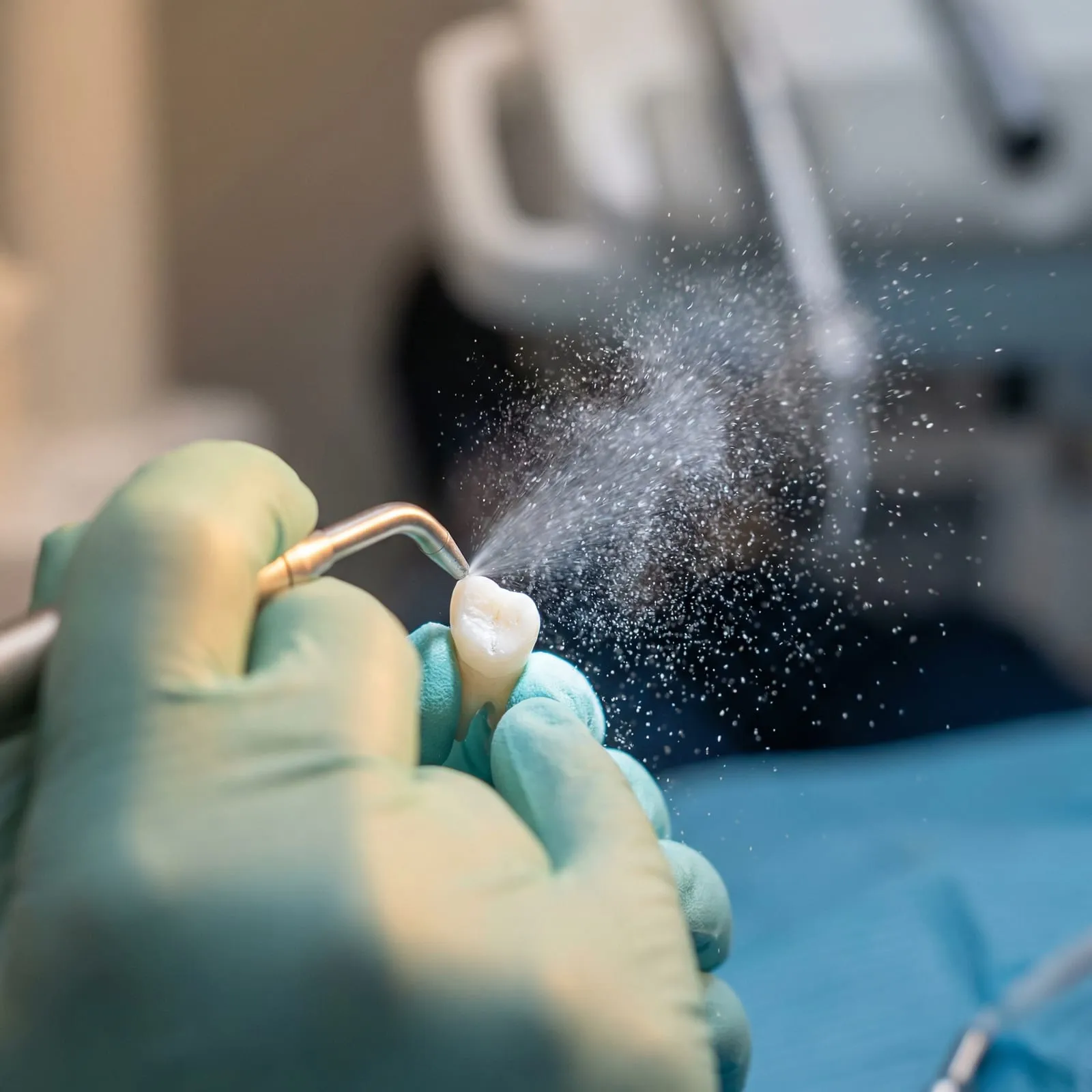 A gloved hand holds an air-polishing tip spraying a fine mist over a tooth.