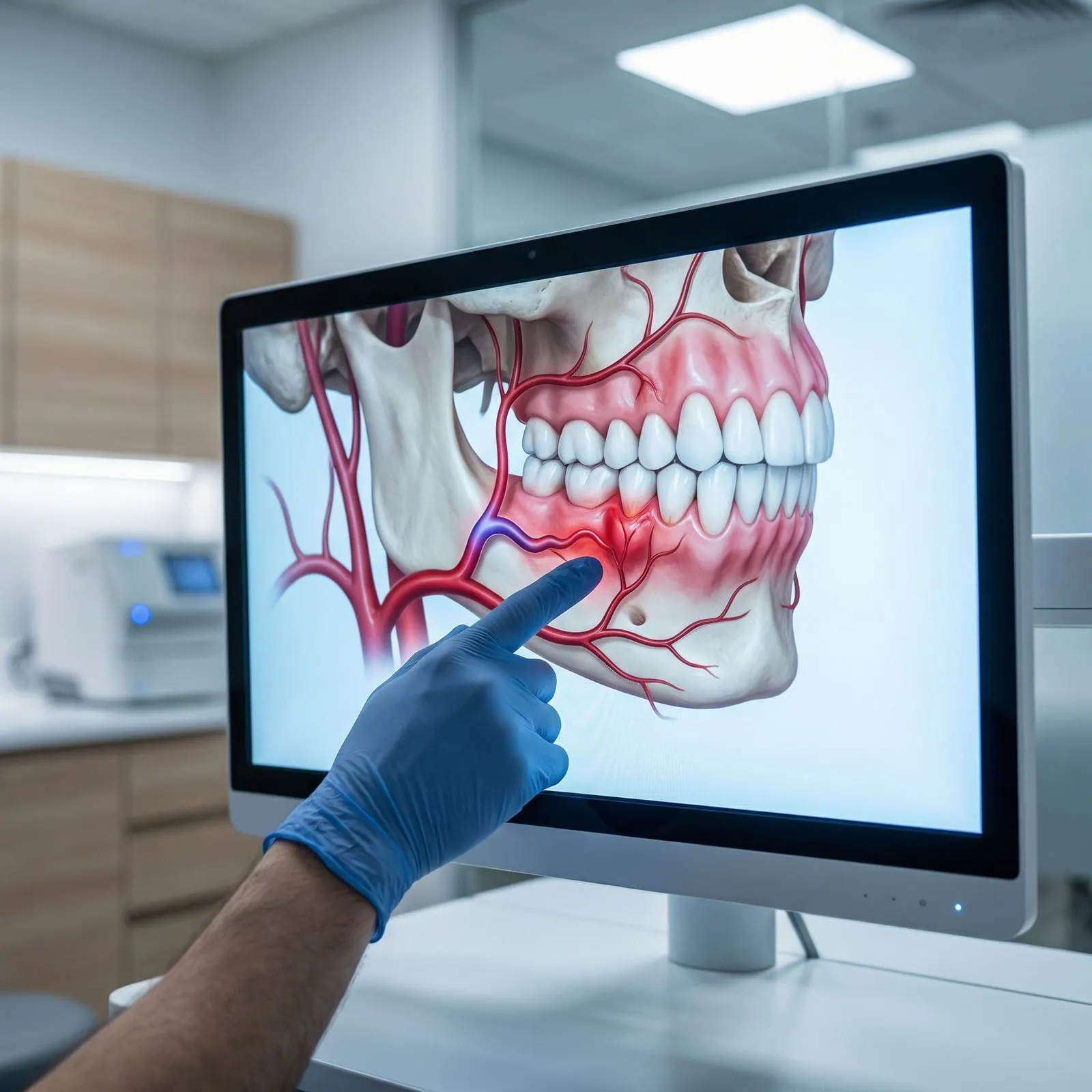 A gloved finger points at an illustration of the gums and blood vessels on a screen.