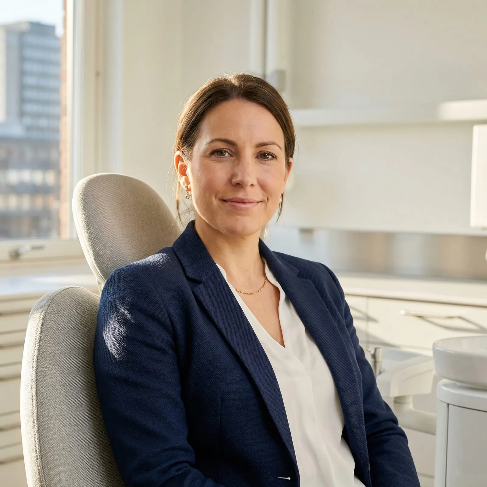 A woman in a blazer sits calmly in a dental chair.