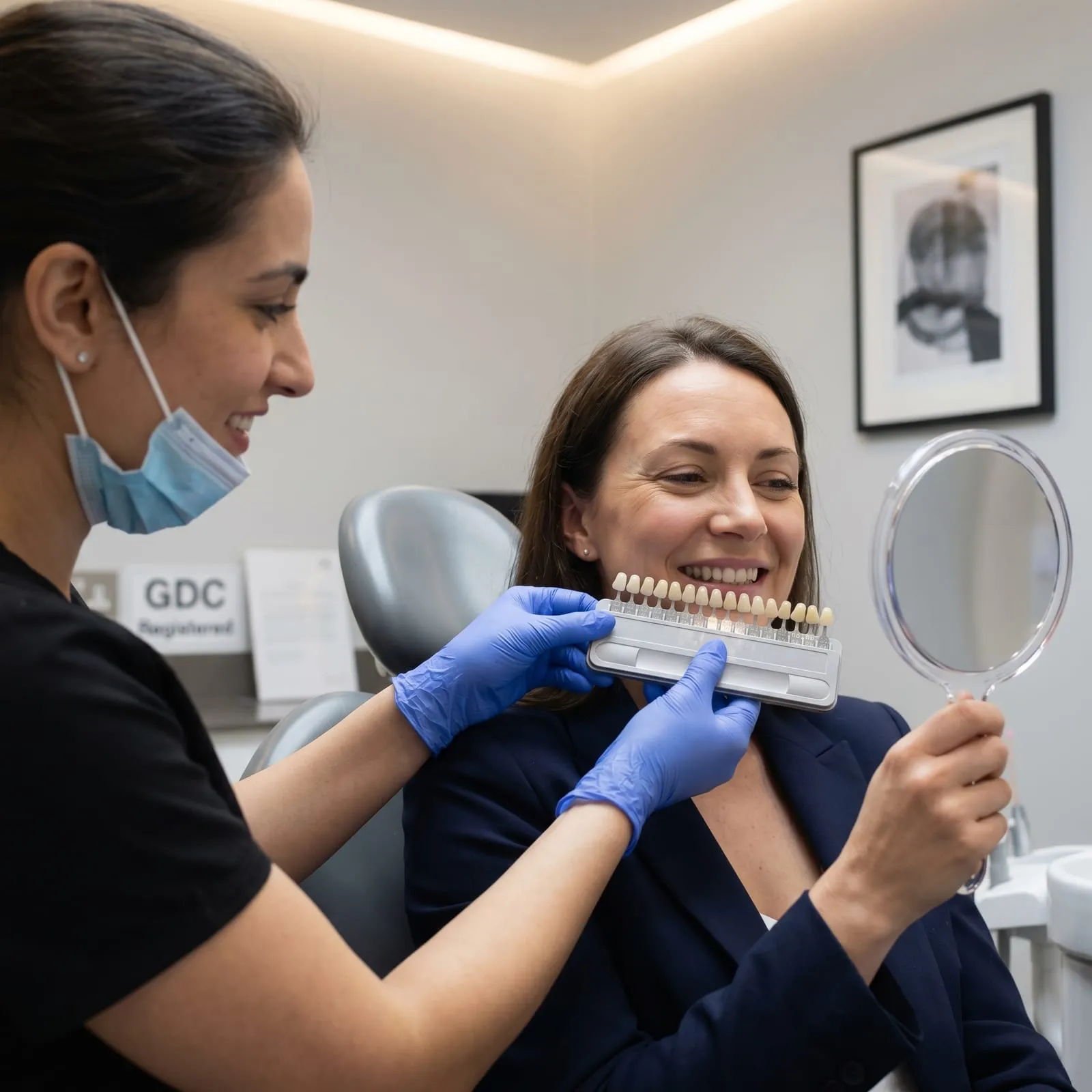 A clinician holds a shade guide up to a smiling patient's teeth as she looks in a hand mirror.