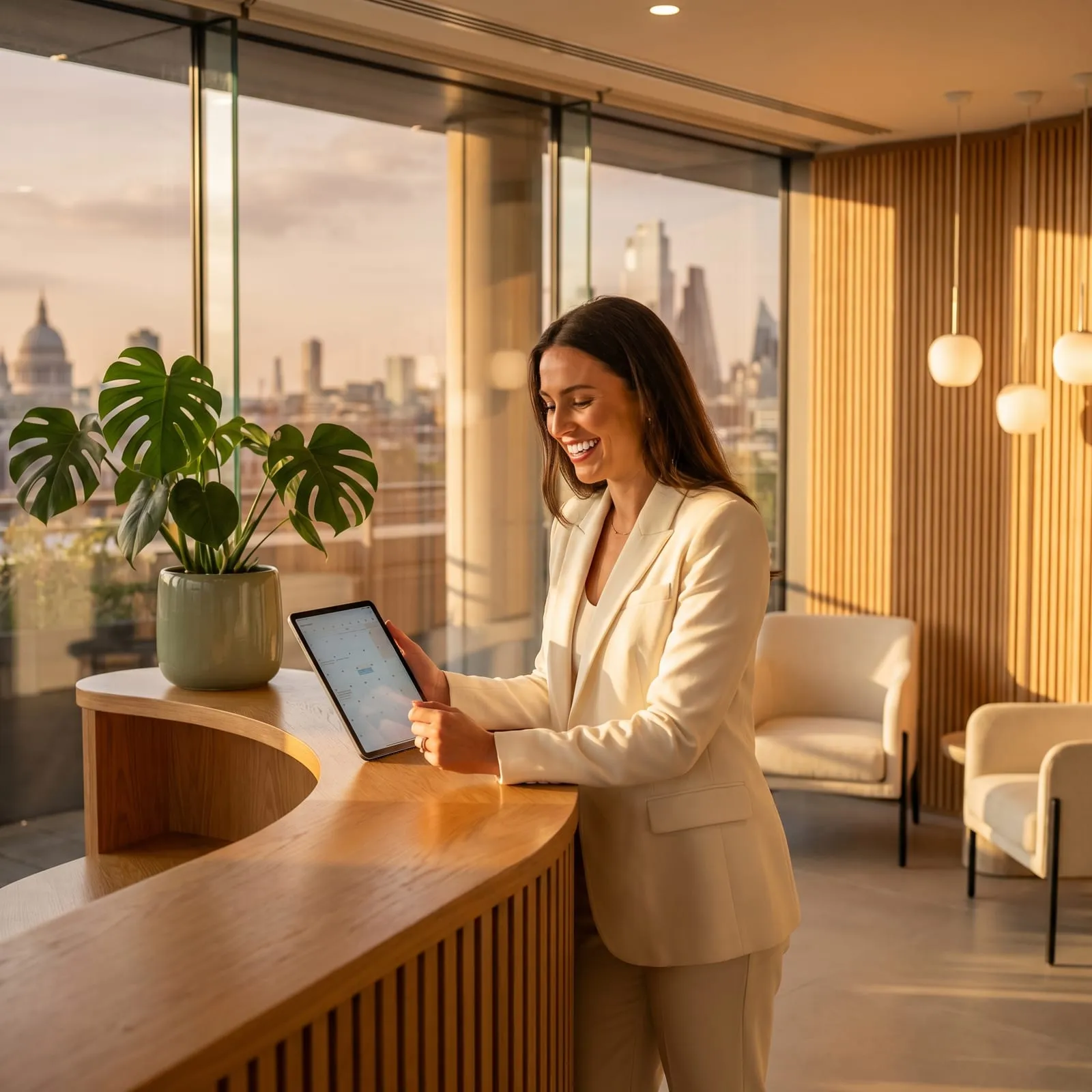 A woman checks a tablet at a reception desk with a view over the London skyline.