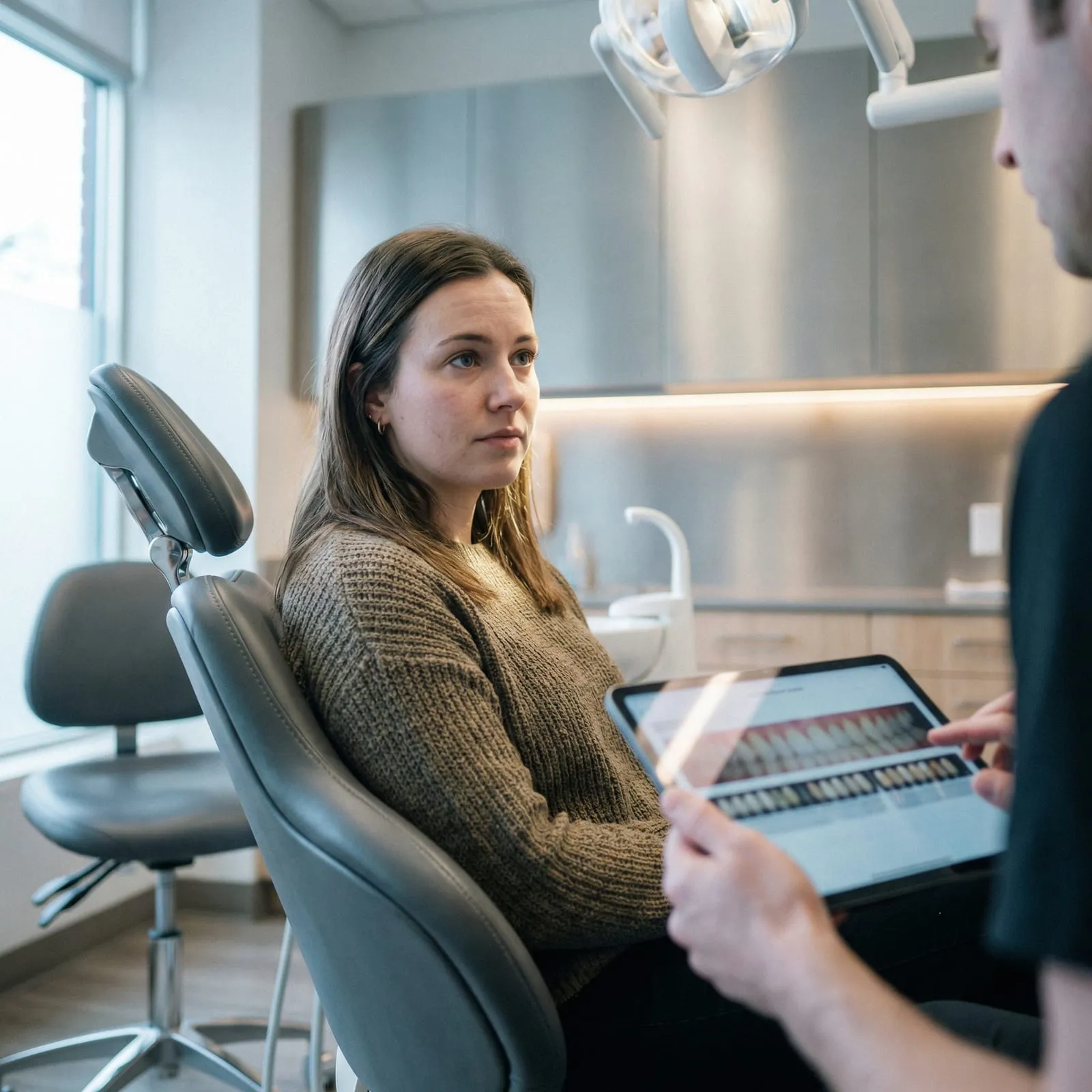 A patient in a dental chair looks at a tablet with a clinician during a consultation.