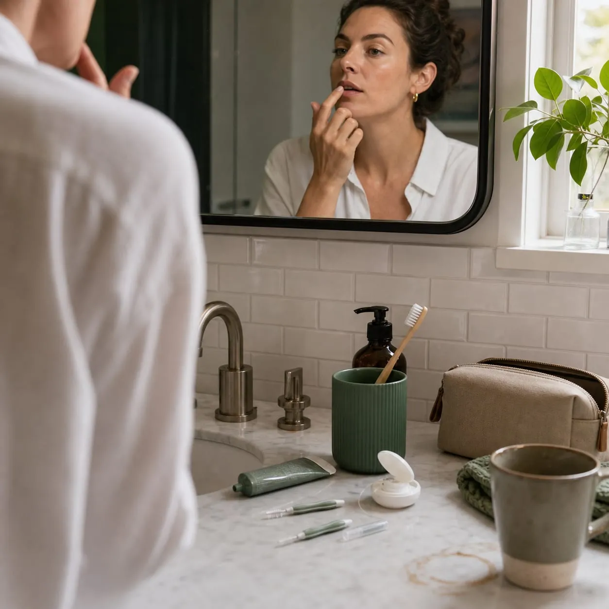 A bathroom mirror routine of daily gum care before a hygiene appointment.