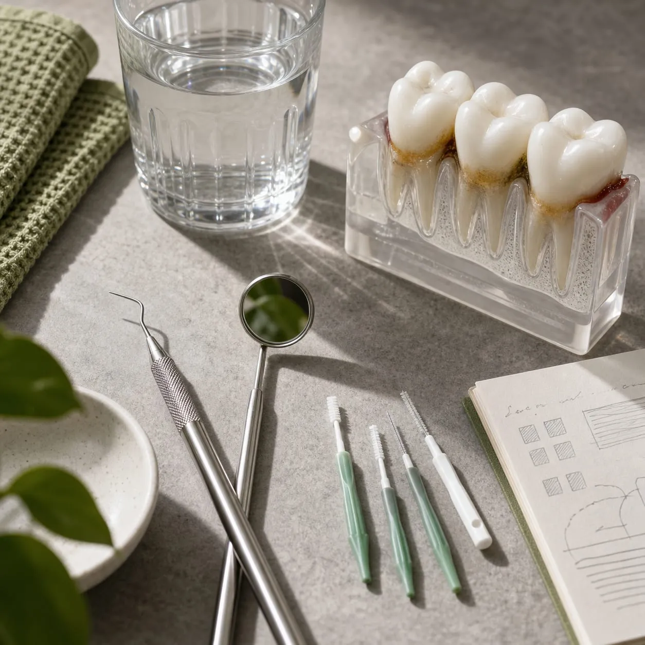A dental model and cleaning tools for plaque control and tartar removal.