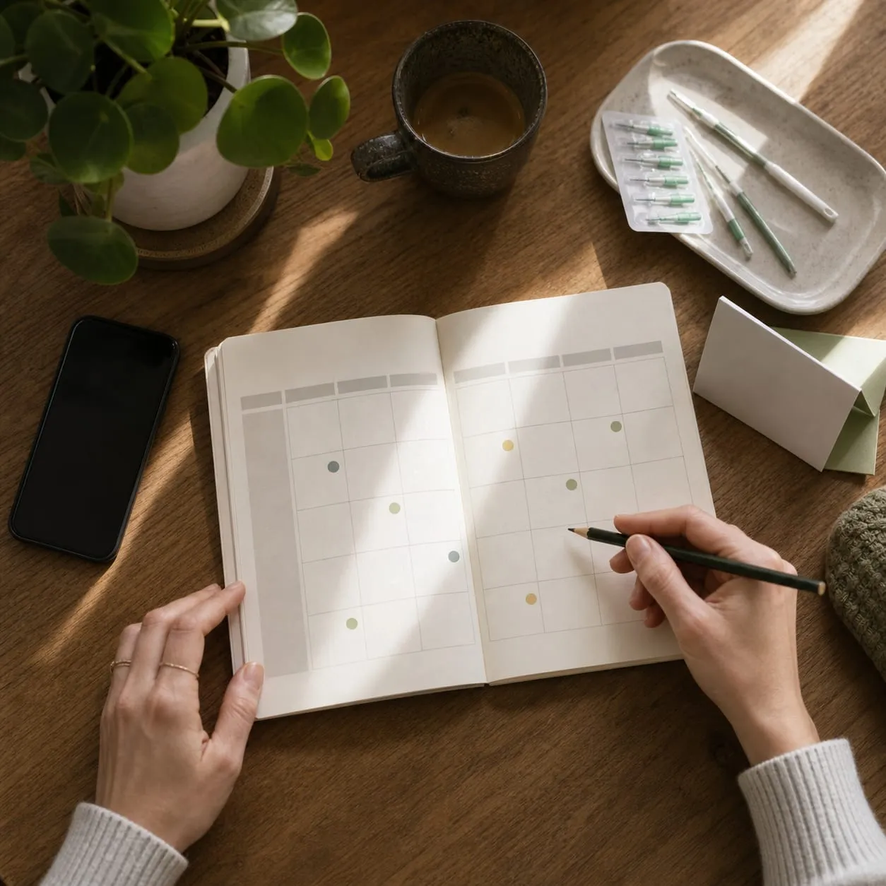 A planner marked with coloured reminder dots beside interdental brushes.