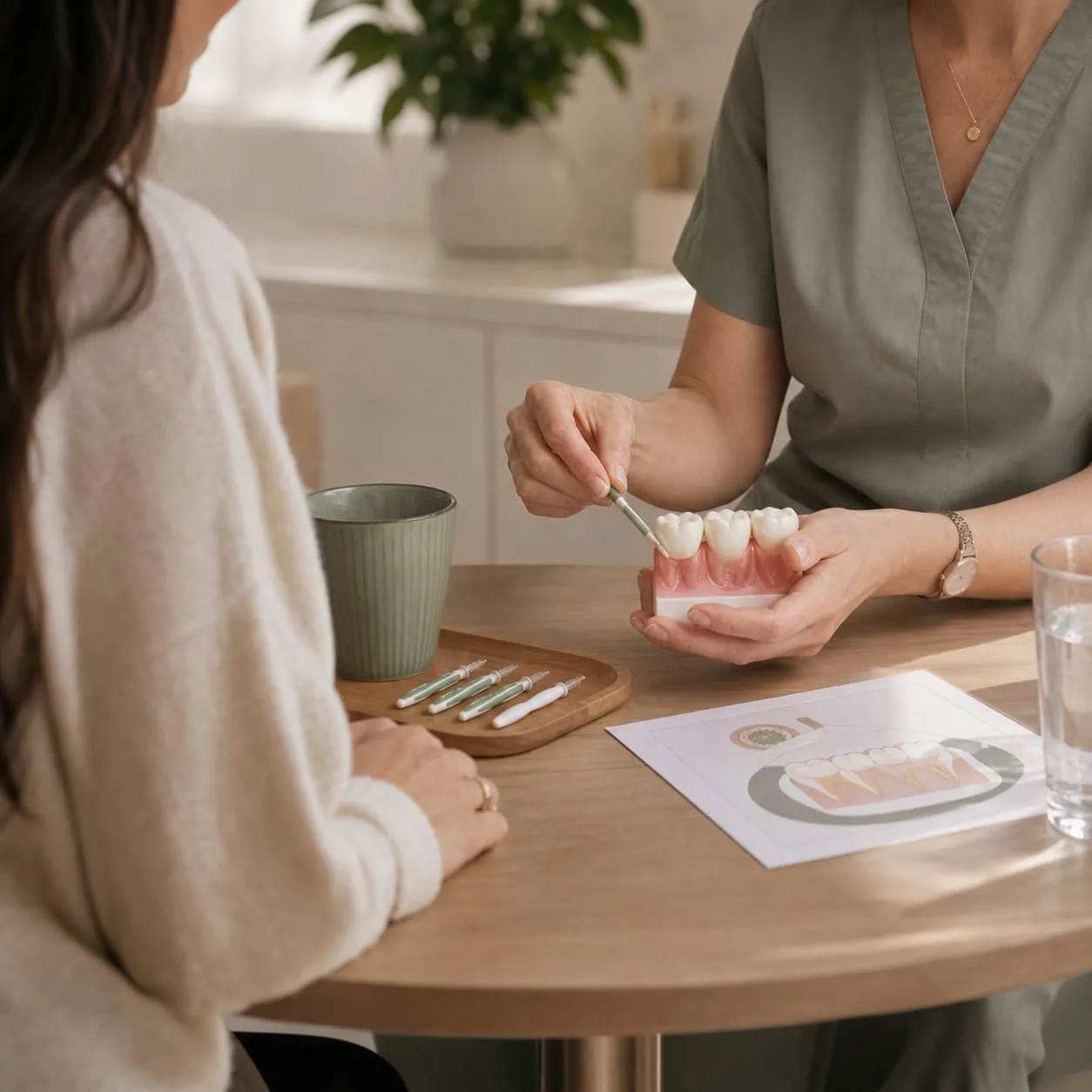 A clinician explains interdental cleaning with a dental model during a calm appointment.