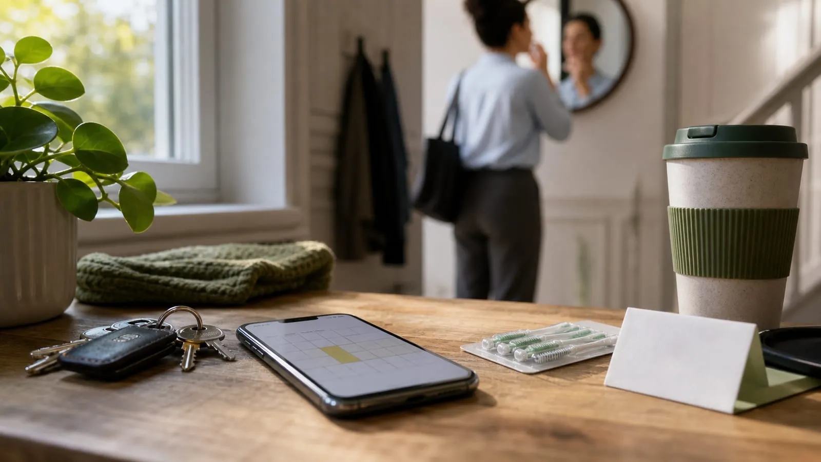 A morning appointment reminder shows regular dental hygiene appointments as part of everyday preventive care.
