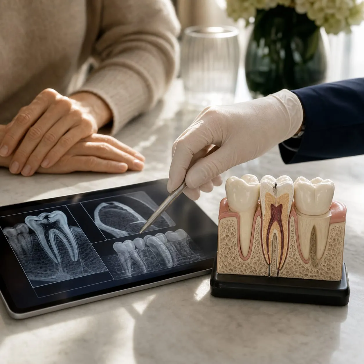 A gloved hand points at a tooth X-ray on a tablet beside a cross-section tooth model.