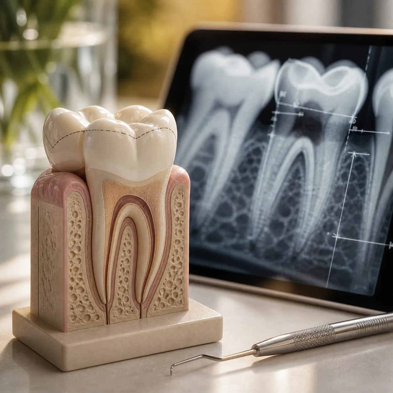 A cross-section model of a molar in front of an X-ray of the same kind of tooth.