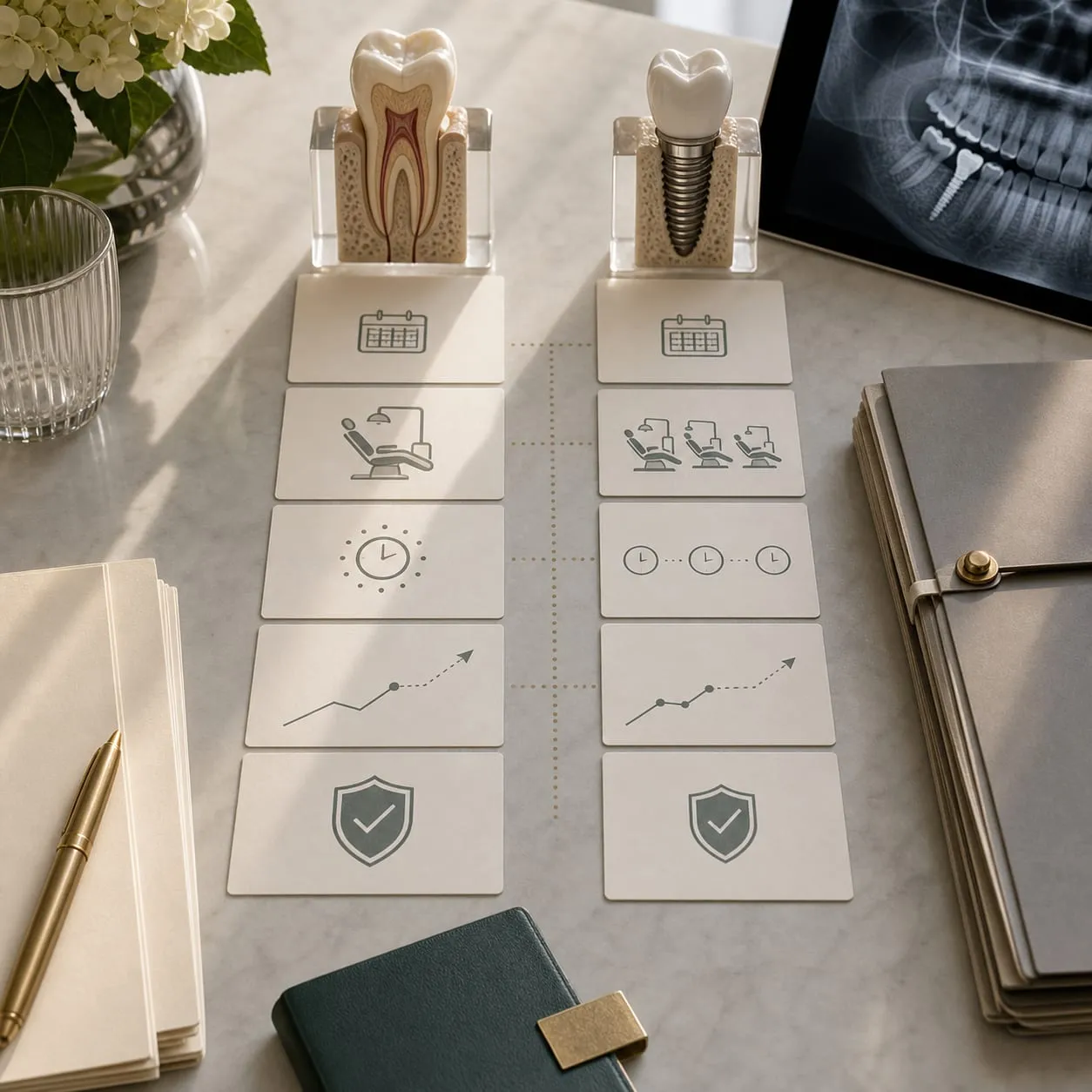 A root canal tooth model and an implant model side by side above illustrated comparison cards.