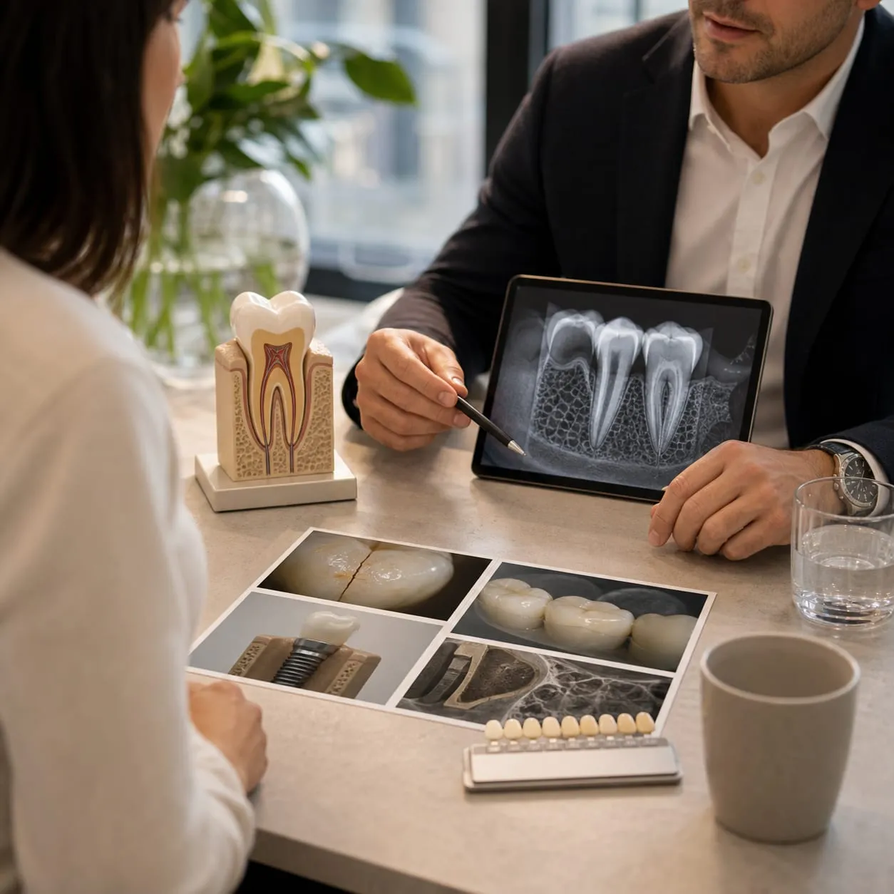 A clinician explains a tooth X-ray on a tablet to a patient, with photos laid on the table.