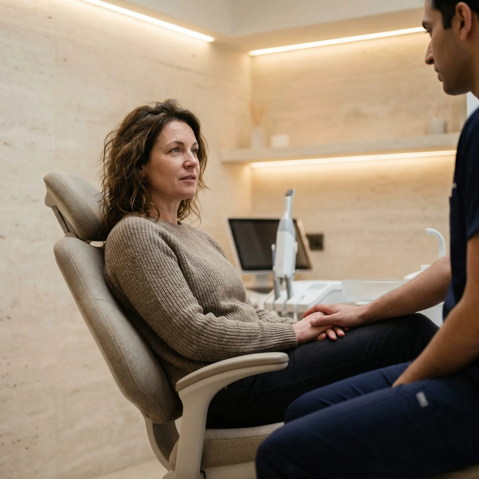A woman sits relaxed in a dental chair, talking with a clinician.