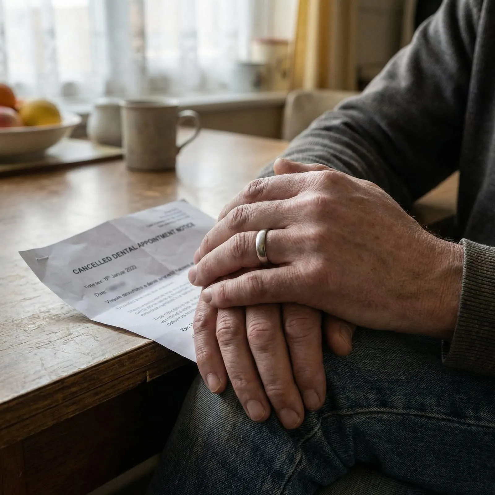 A person's hands rest beside a cancelled dental appointment letter on a kitchen table.