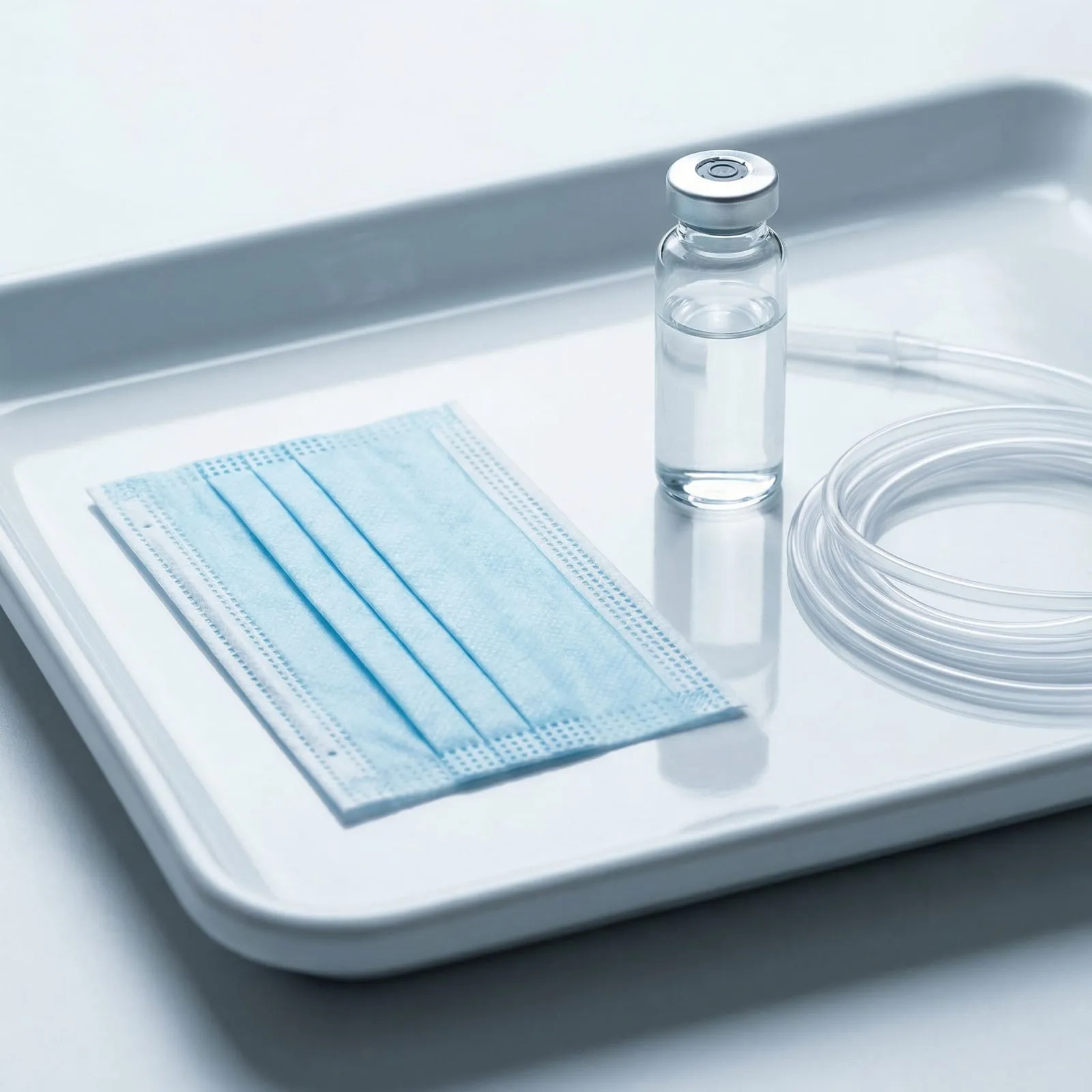 A face mask, a small vial and clear tubing on a white tray.