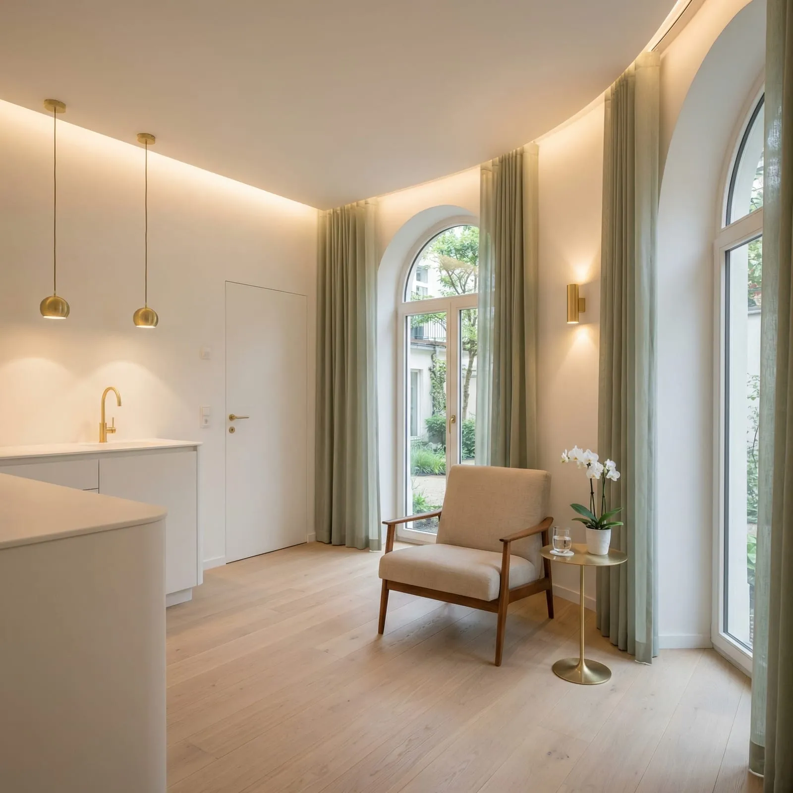 A bright, empty room with an armchair and arched windows.