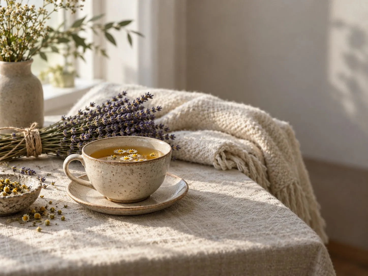 A cup of chamomile tea, dried lavender and a soft folded throw on a linen table