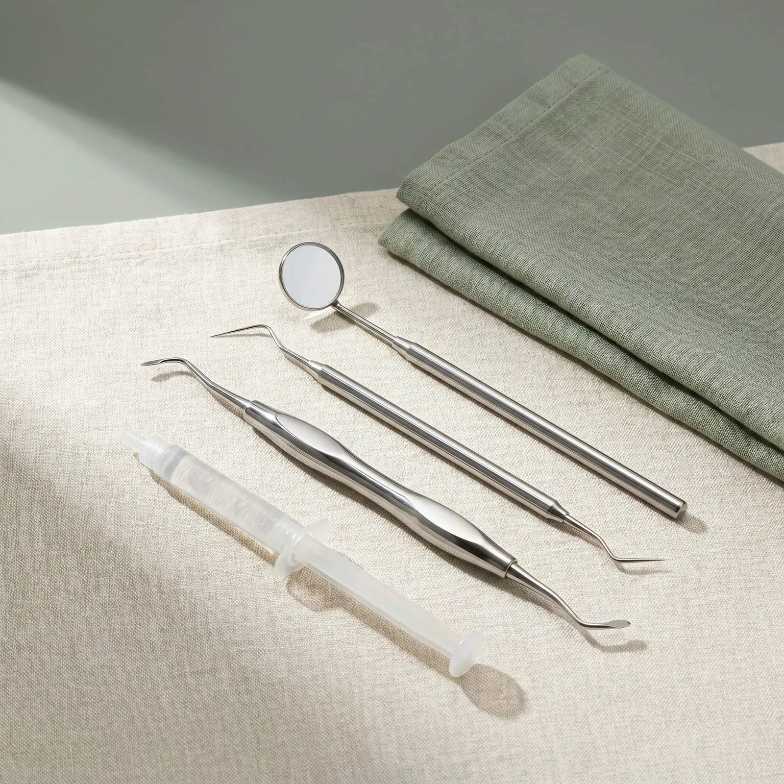 Dental instruments laid out on linen.