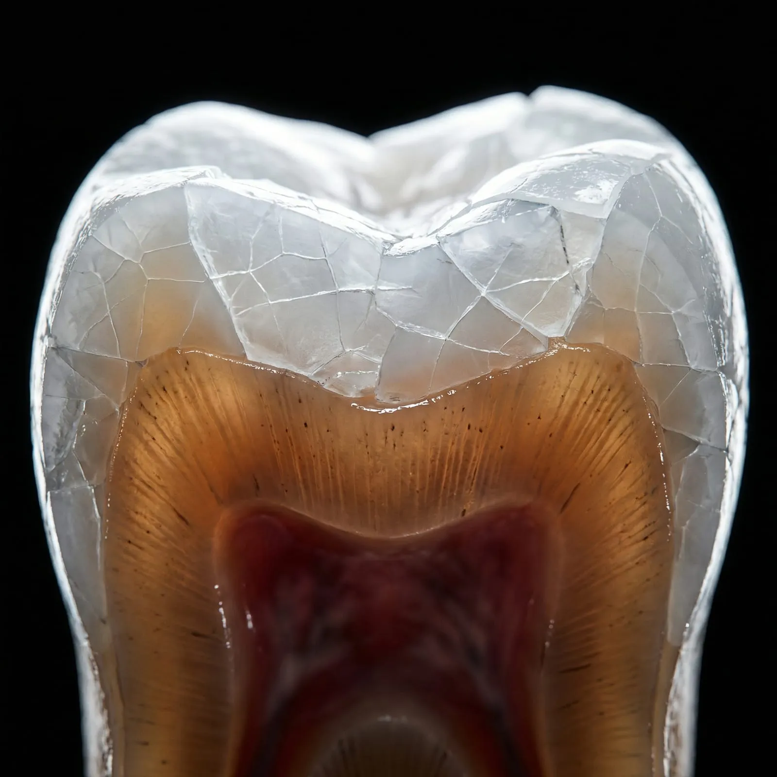 An enlarged model of a tooth with cracked, worn enamel.