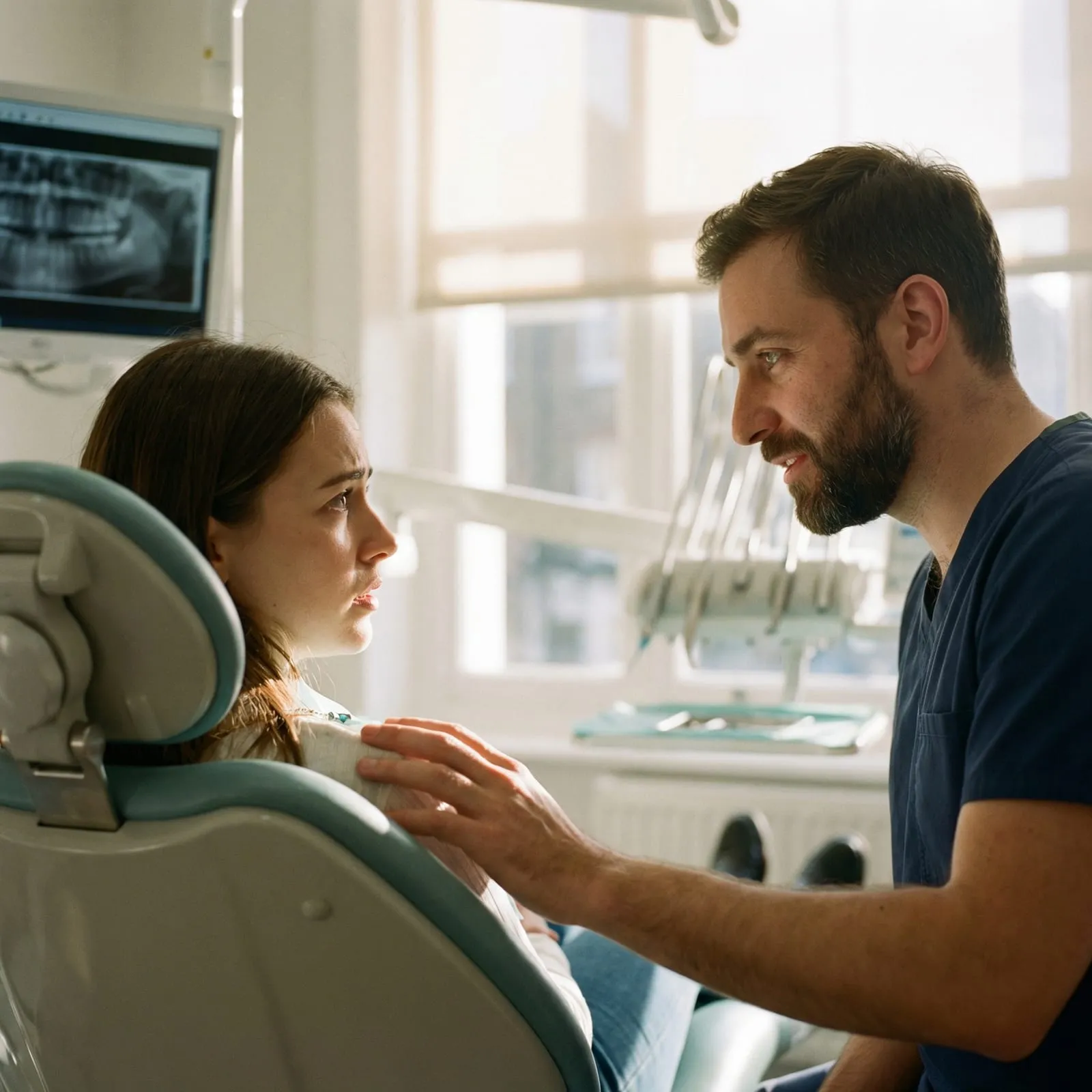 A clinician talks with a worried patient in a dental chair.