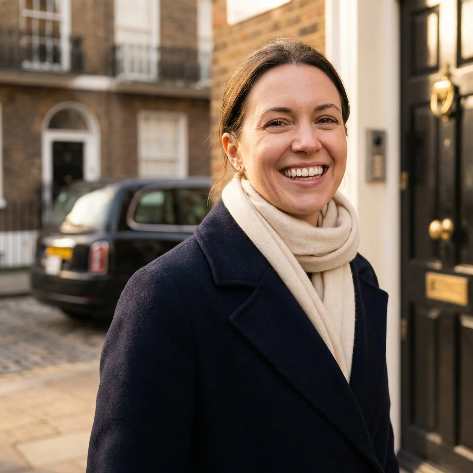 A smiling woman in a coat stands on a London street.