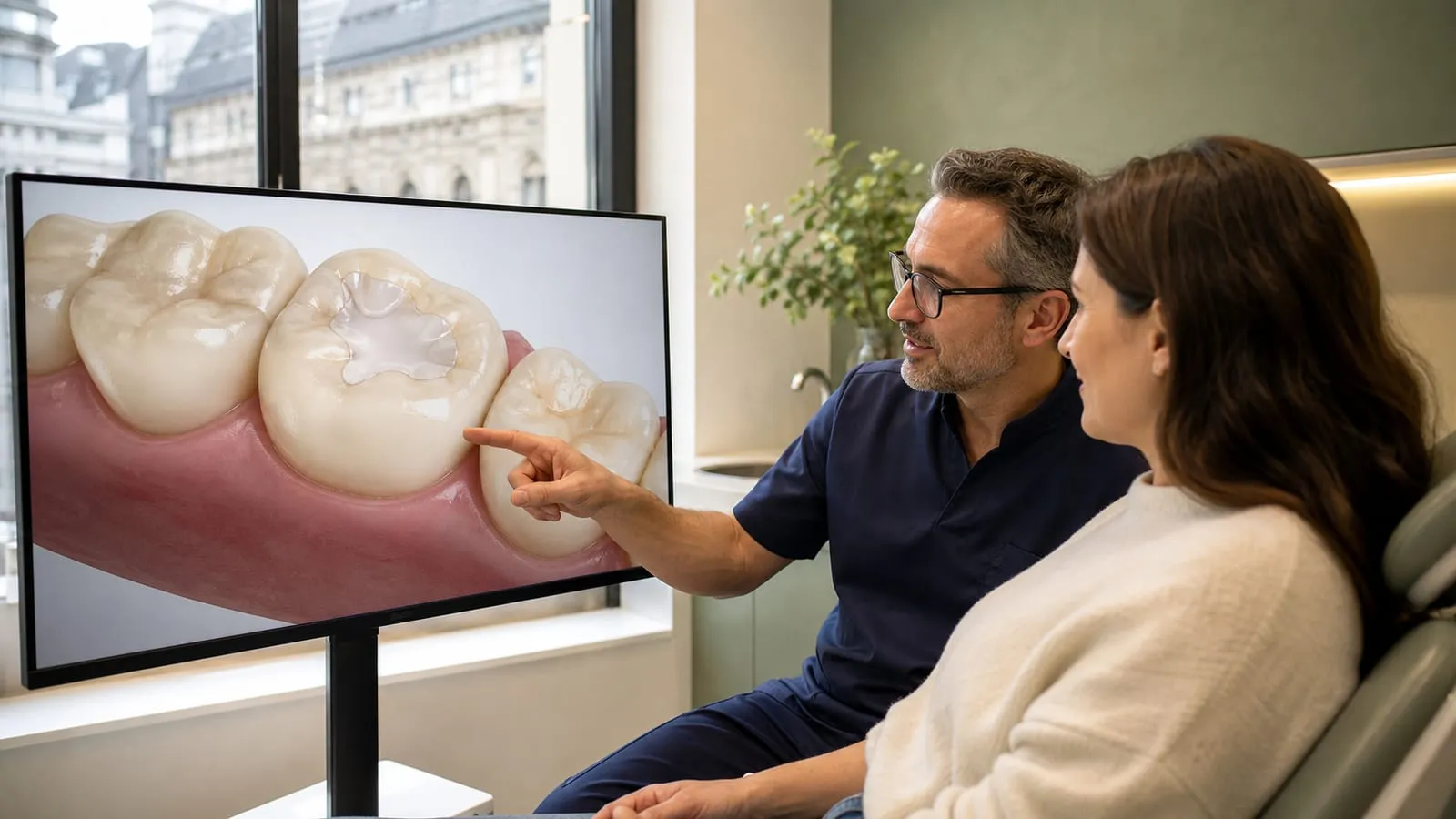 Pain after a dental filling reviewed on a calm consultation screen with a dentist and patient.