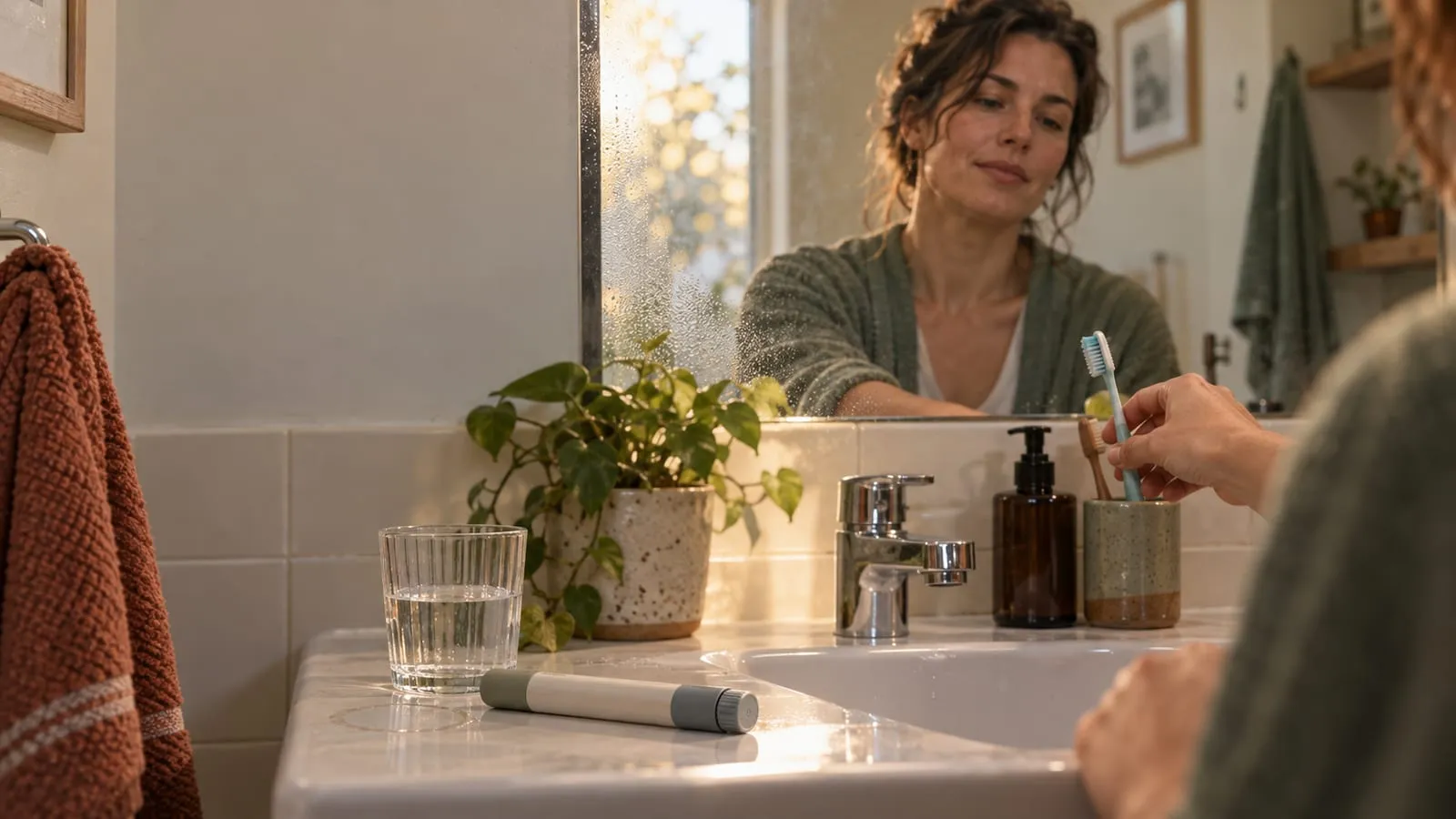 An adult reaches for a toothbrush beside a capped injection pen and water glass at a bathroom mirror.